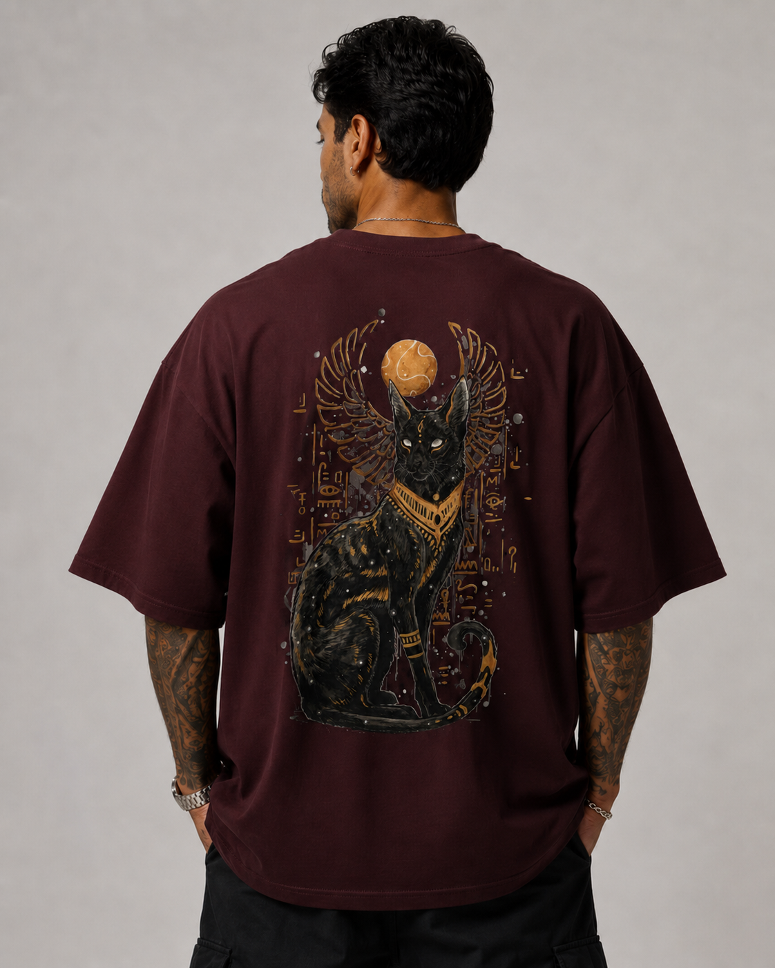 ILEERA® Premium Cotton Oversized Egyptian Cat Back Print T-Shirt