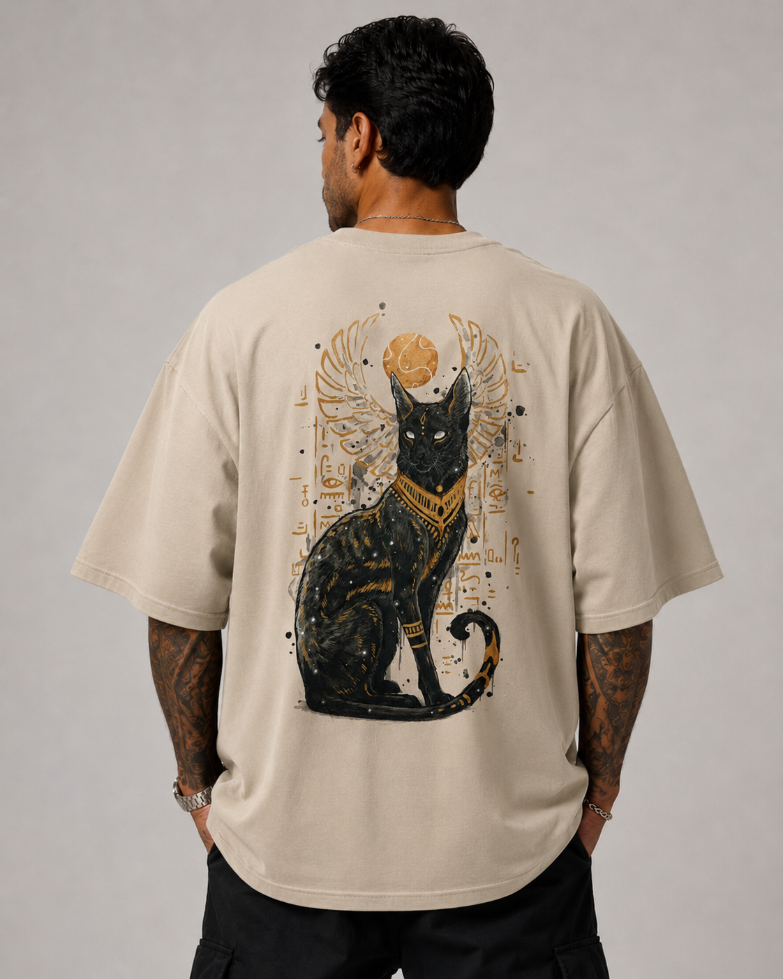 ILEERA® Premium Cotton Oversized Egyptian Cat Back Print T-Shirt