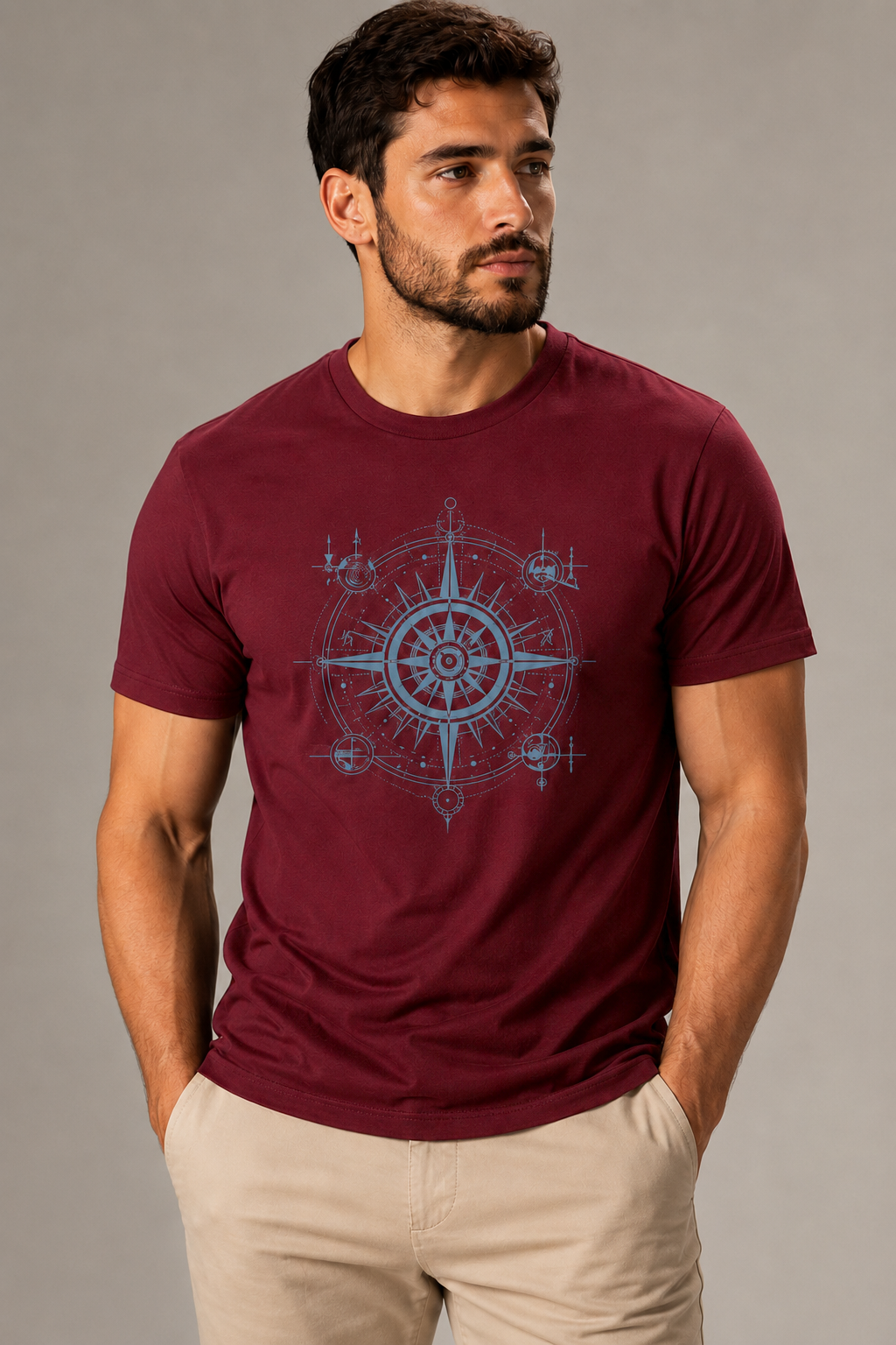 ILEERA® Premium Cotton Regular Fit Compass Front Print T-Shirt