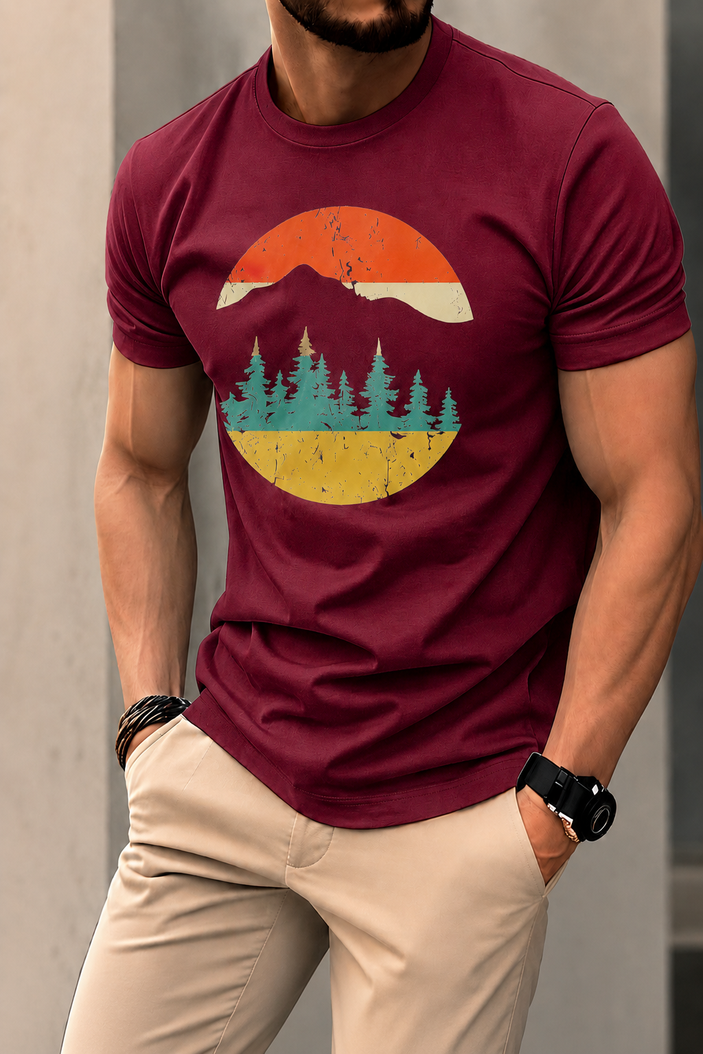 ILEERA® Premium Cotton Regular Fit Mountain Sunset T-Shirt