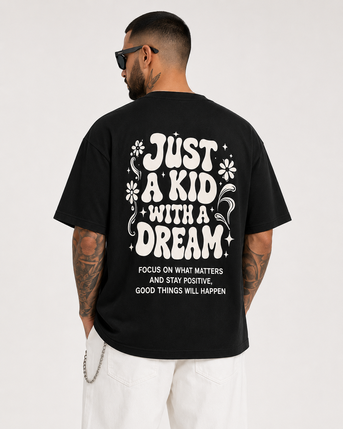 ILEERA® Premium Cotton Oversized Just A Kid With A Dream Back Print T-Shirt
