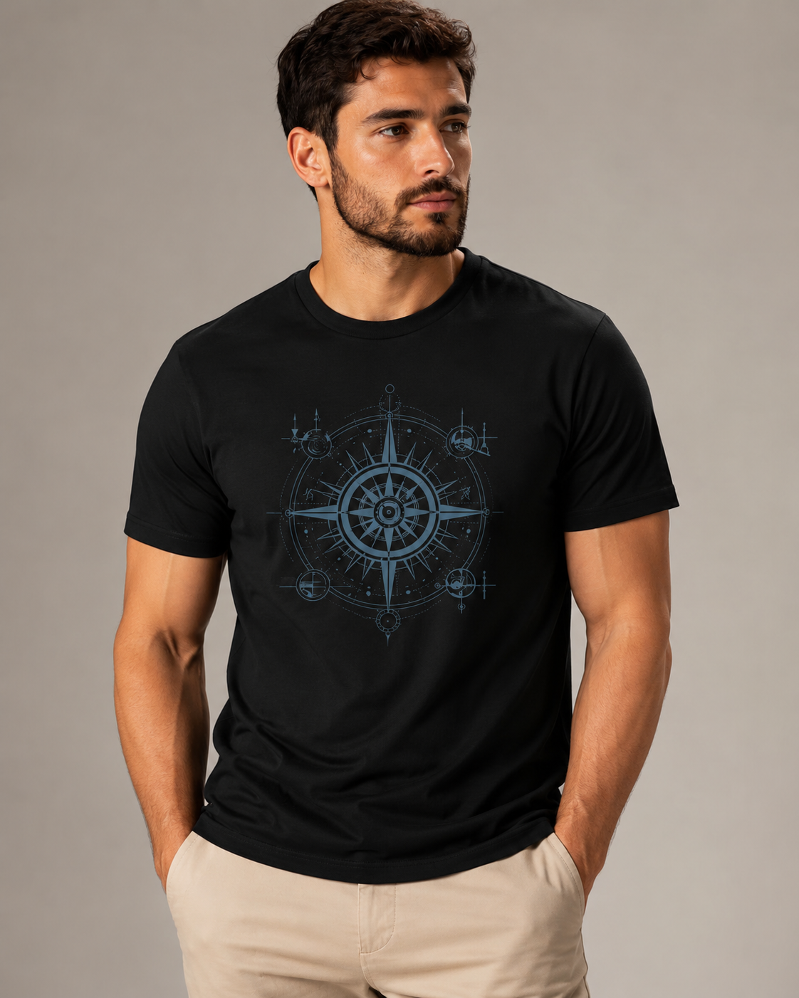 ILEERA® Premium Cotton Regular Fit Compass Front Print T-Shirt