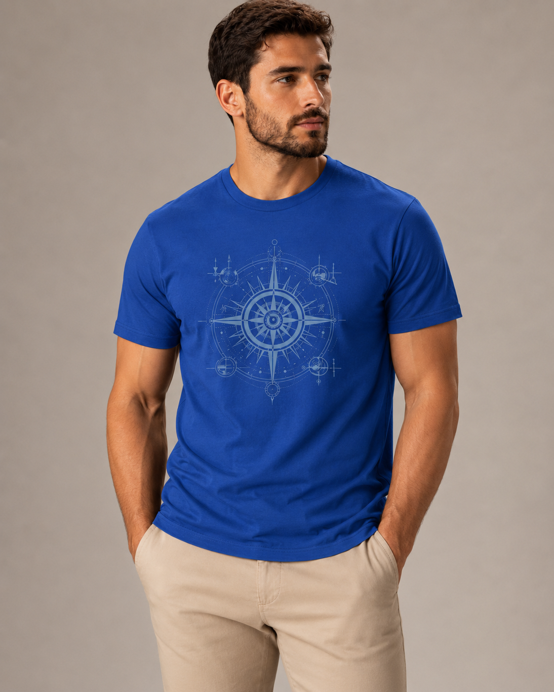 ILEERA® Premium Cotton Regular Fit Compass Front Print T-Shirt