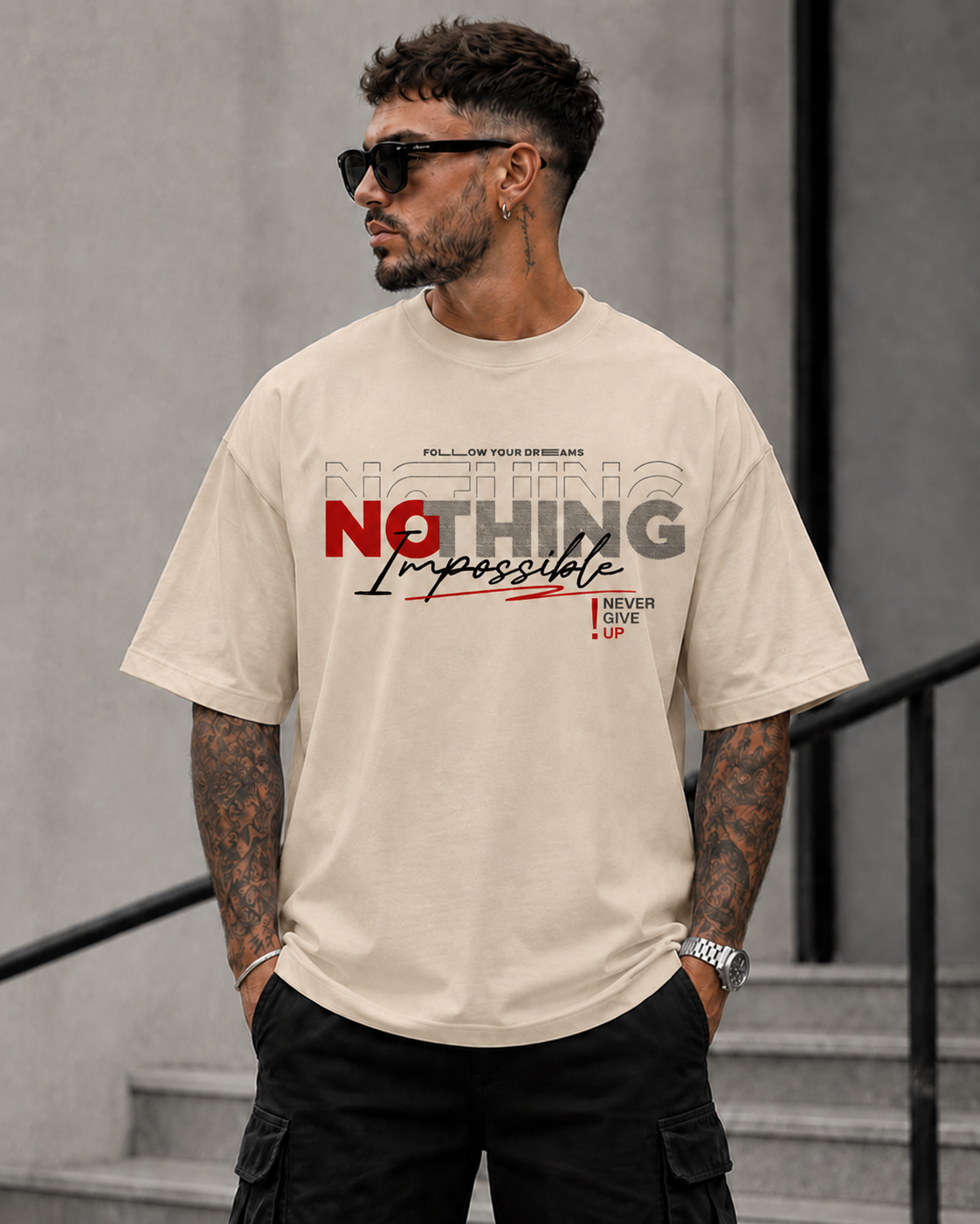 ILEERA® Premium Cotton Oversized Nothing Impossible T-Shirt
