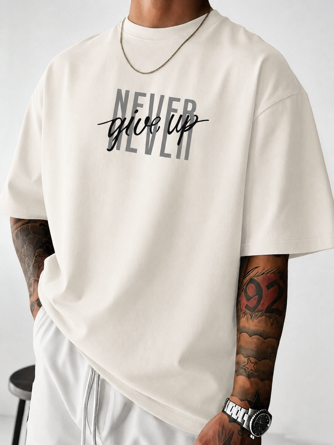 ILEERA® Premium Cotton Oversized Never Give Up T-Shirt