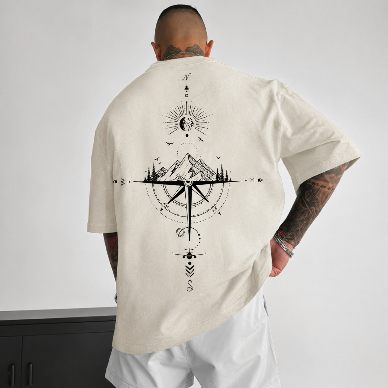 ILEERA® Premium Cotton Oversized Compass Art T-Shirt