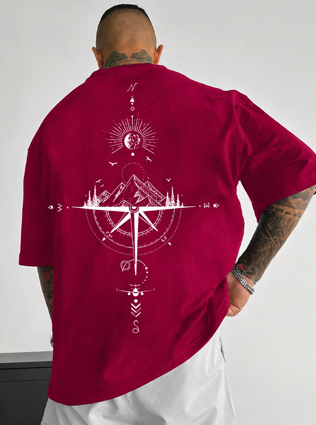 ILEERA® Premium Cotton Oversized Compass Art T-Shirt