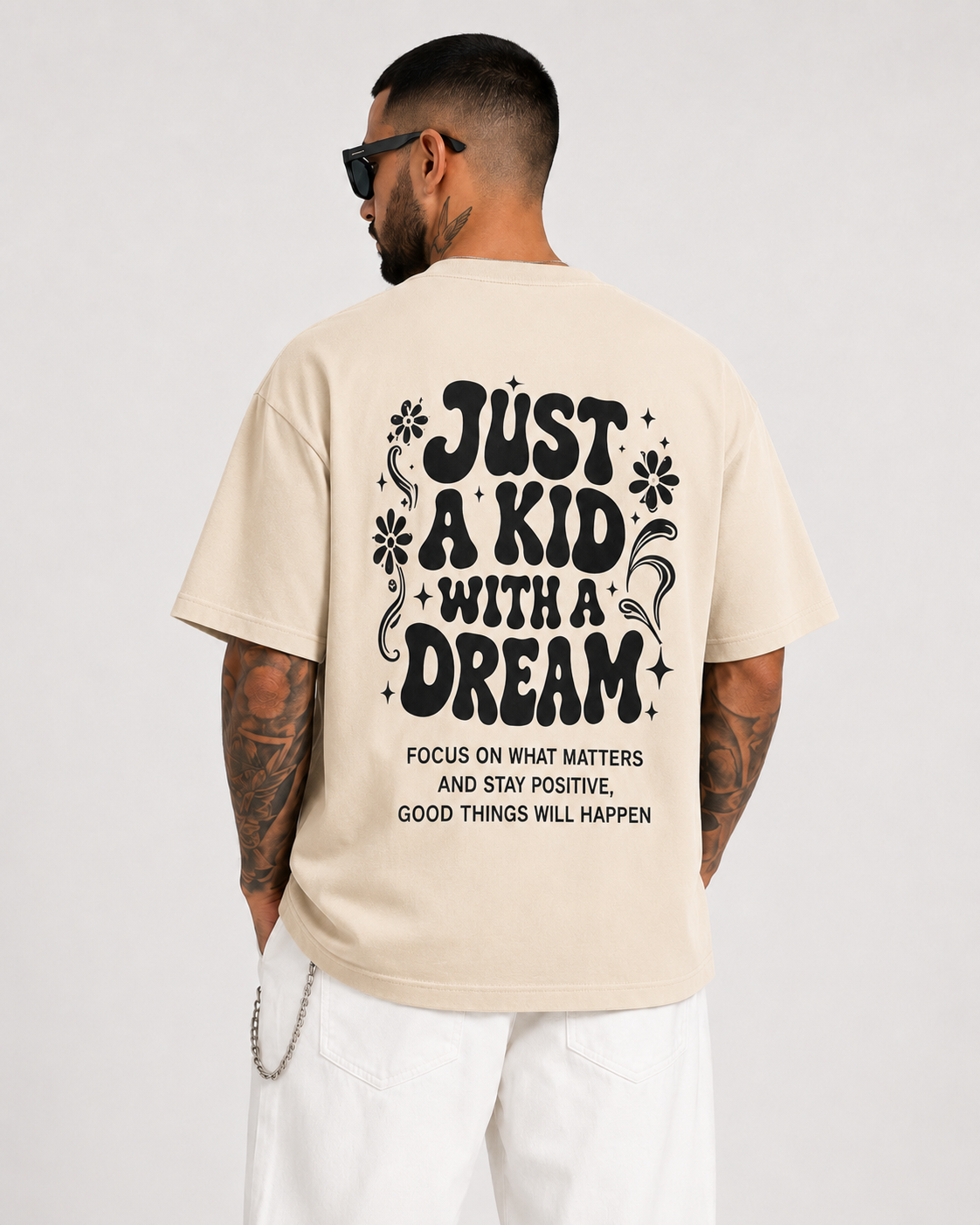ILEERA® Premium Cotton Oversized Just A Kid With A Dream Back Print T-Shirt