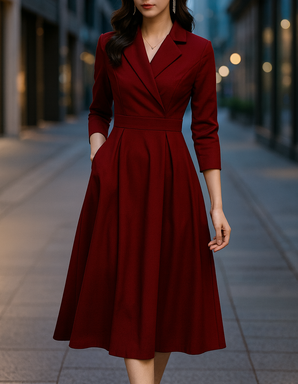 Silky Touch Midi Dress With Draped Collar