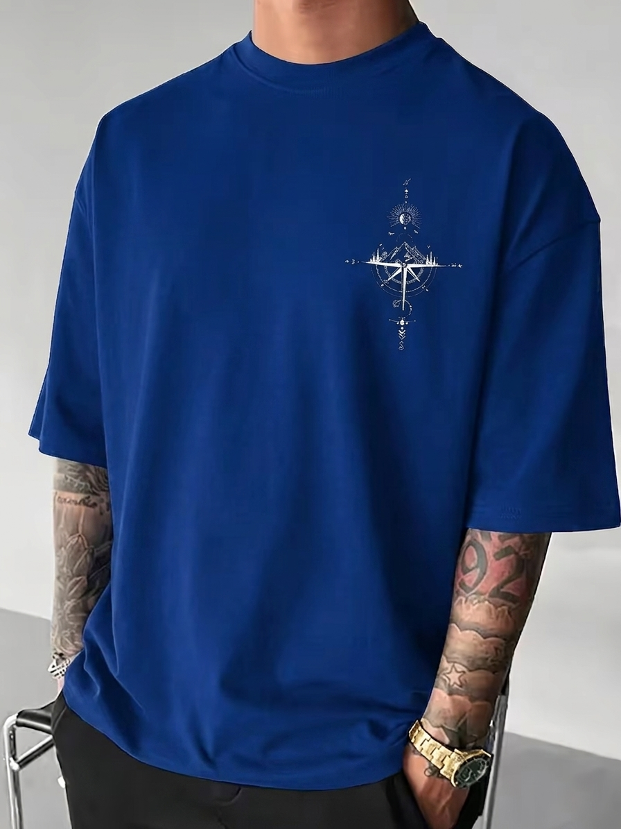 ILEERA® Premium Cotton Oversized Compass Art T-Shirt