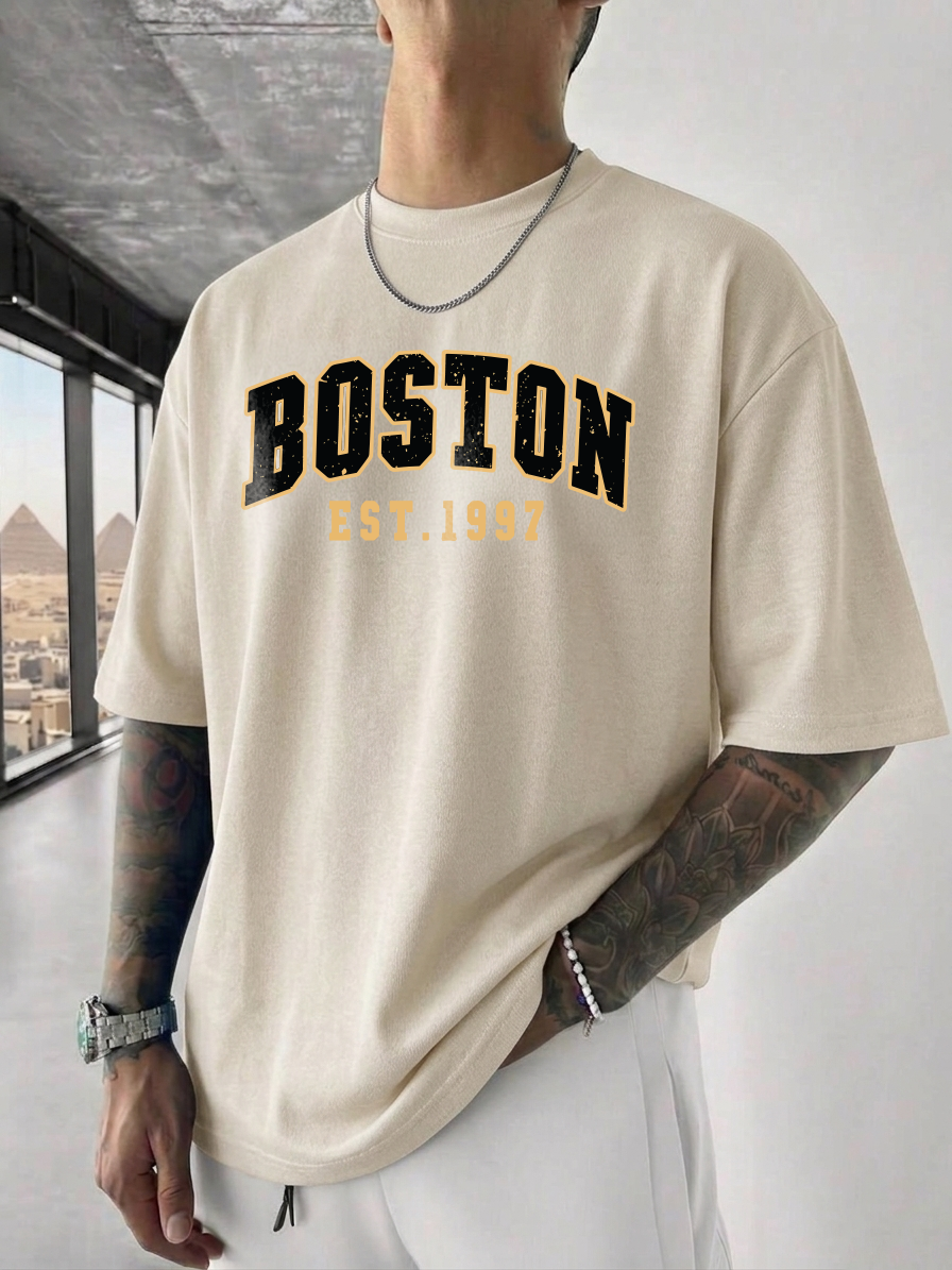 ILEERA® Premium Cotton Oversized Boston Graphic Casual T-Shirt