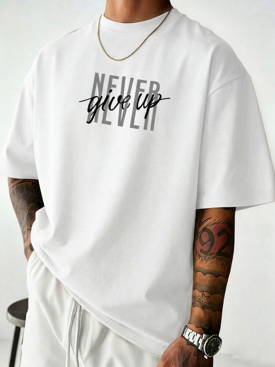 ILEERA® Premium Cotton Oversized Never Give Up T-Shirt