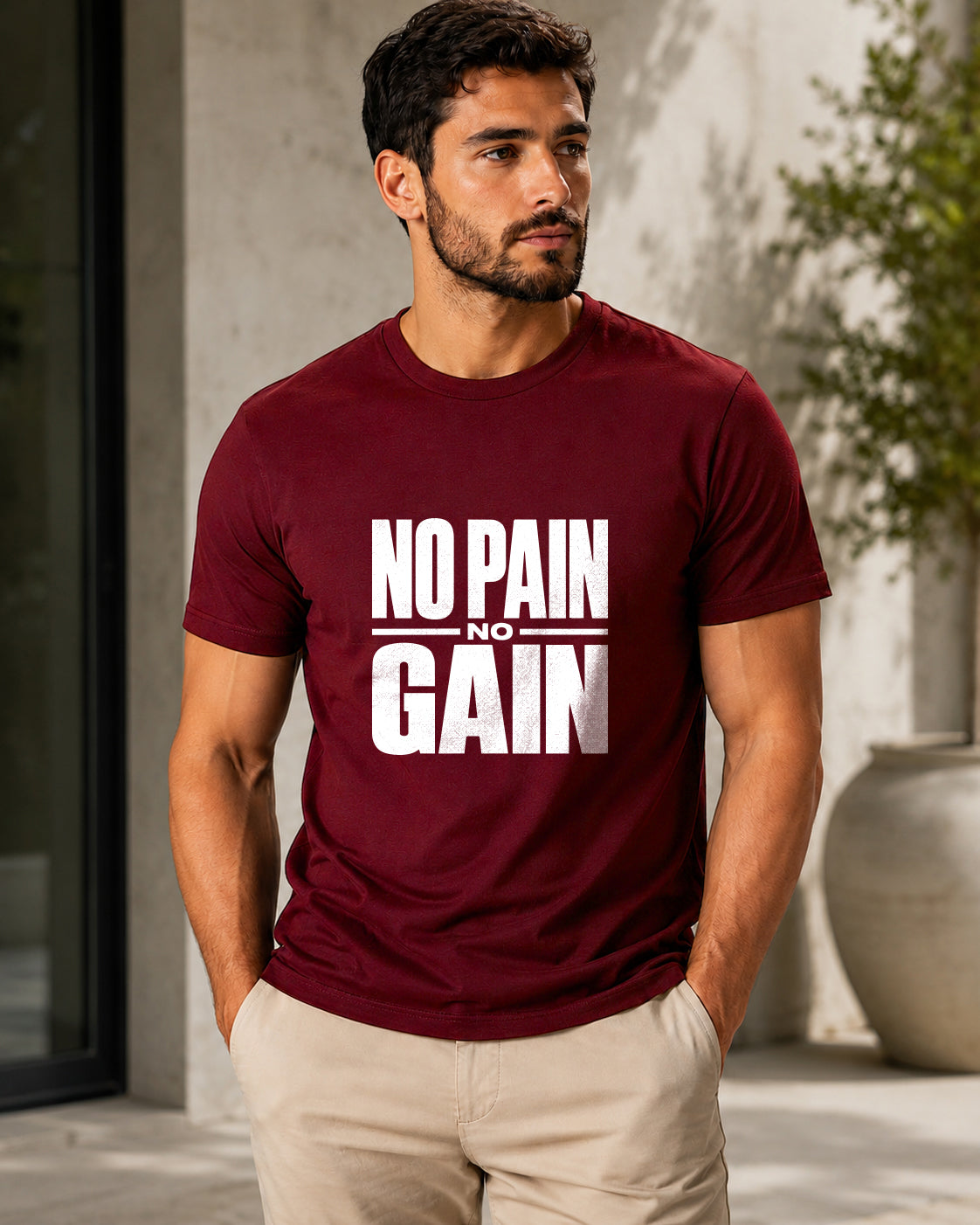 ILEERA® Premium Cotton Regular Fit No Pain No Gain Print T-Shirt