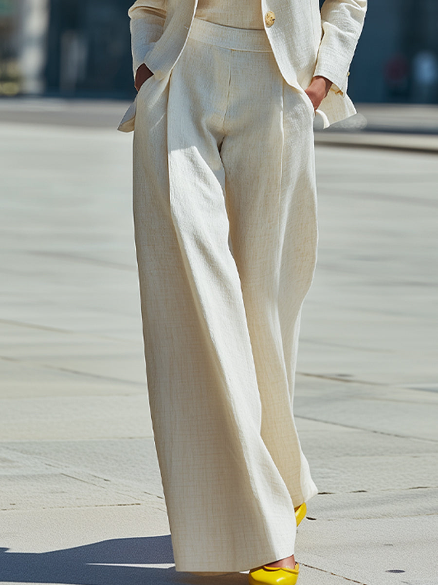 Mooyius Ivory Linen-Blend Suit Set With Wide-Leg Pants