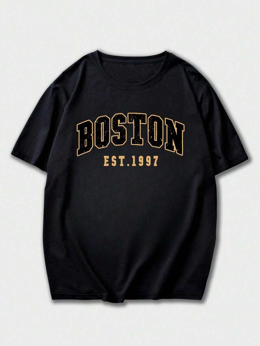 ILEERA® Premium Cotton Oversized Boston Graphic Casual T-Shirt