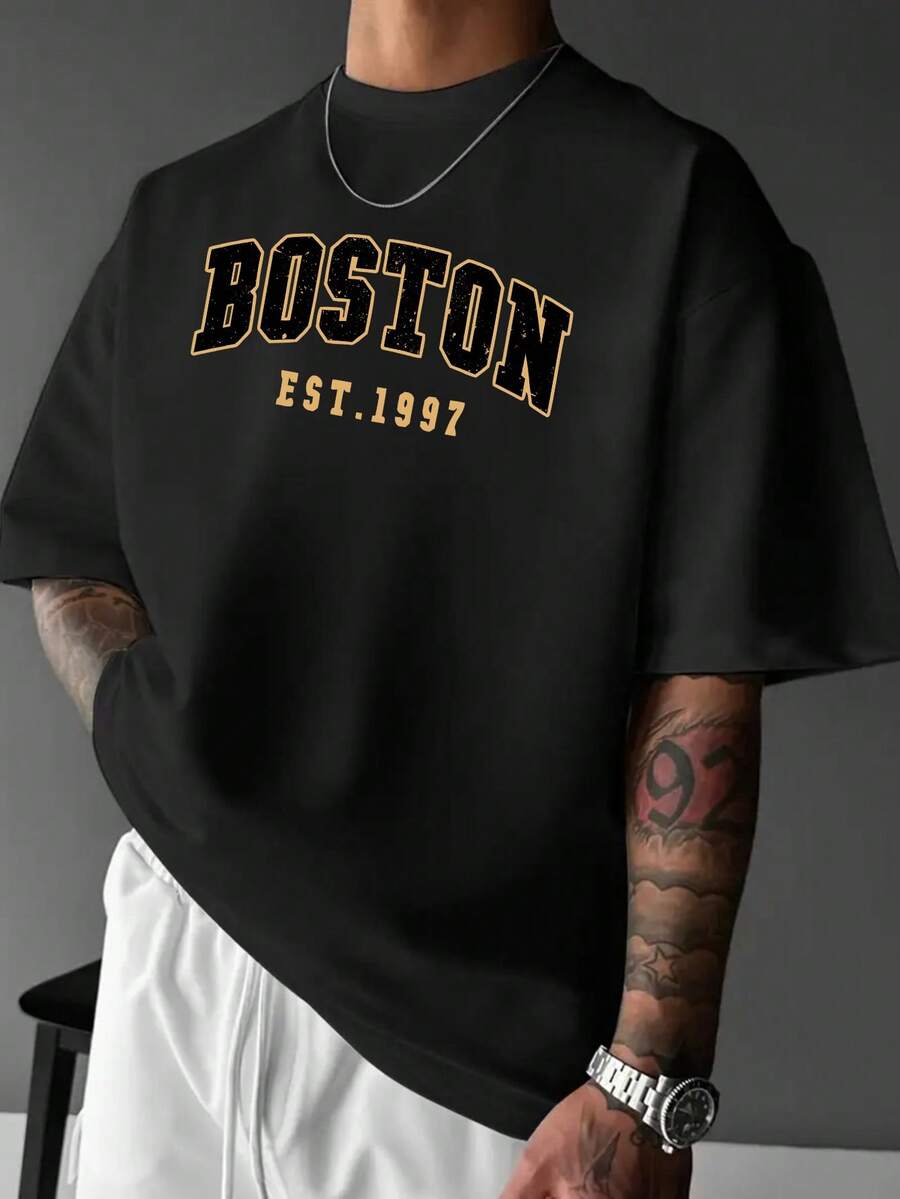 ILEERA® Premium Cotton Oversized Boston Graphic Casual T-Shirt
