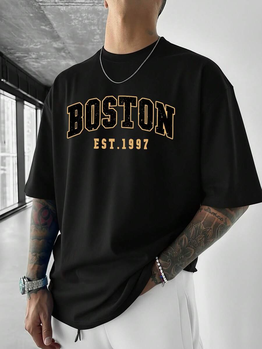 ILEERA® Premium Cotton Oversized Boston Graphic Casual T-Shirt