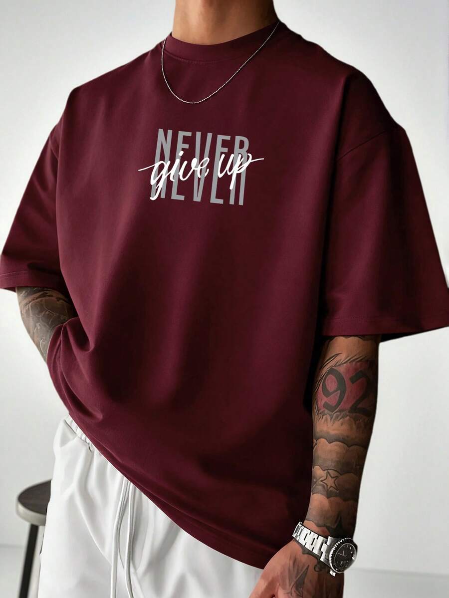 ILEERA® Premium Cotton Oversized Never Give Up T-Shirt