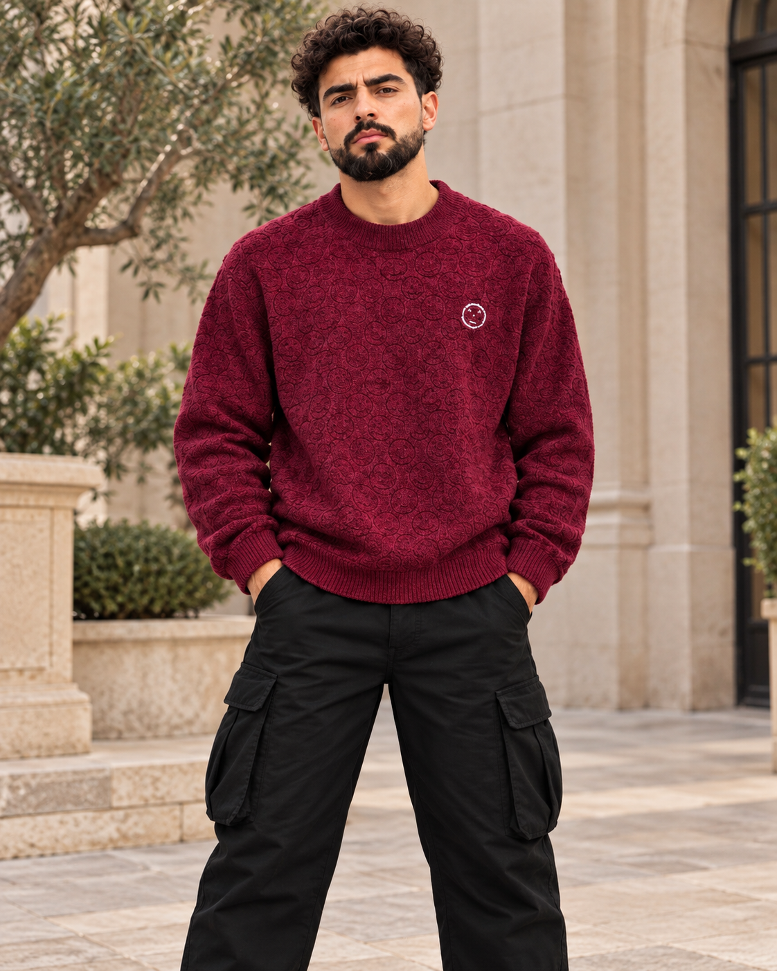 ILEERA® All-Over Smiley Textured Knit Crewneck Sweater