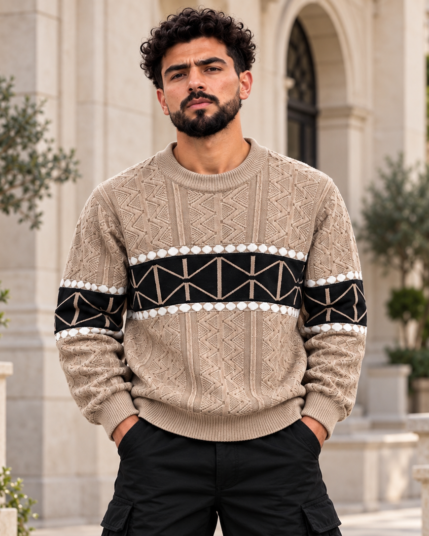 ILEERA® Geometric Stripe Knitted Crewneck Sweater