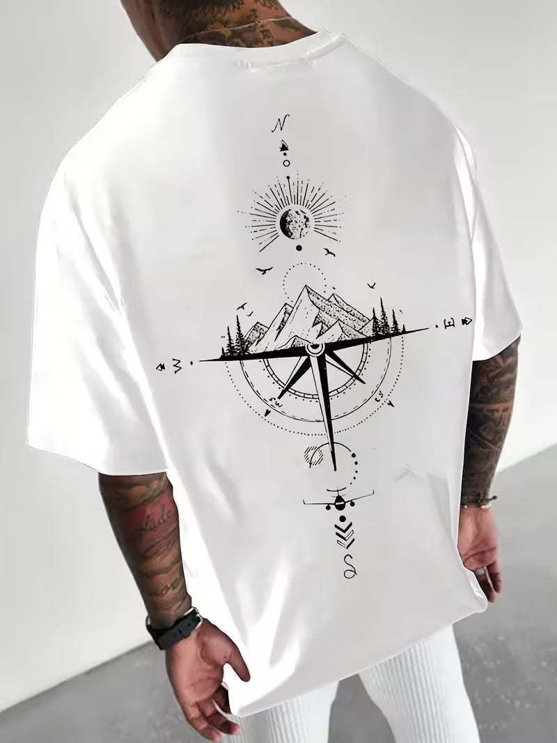 ILEERA® Premium Cotton Oversized Compass Art T-Shirt
