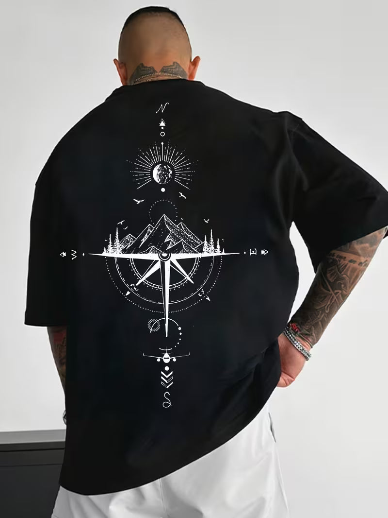 ILEERA® Premium Cotton Oversized Compass Art T-Shirt