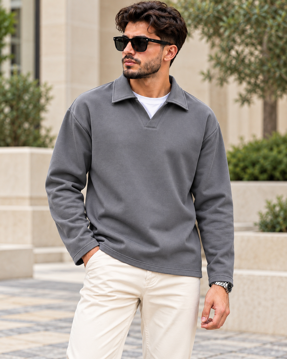 ILEERA® Essential Open-Collar Polo Sweatshirt
