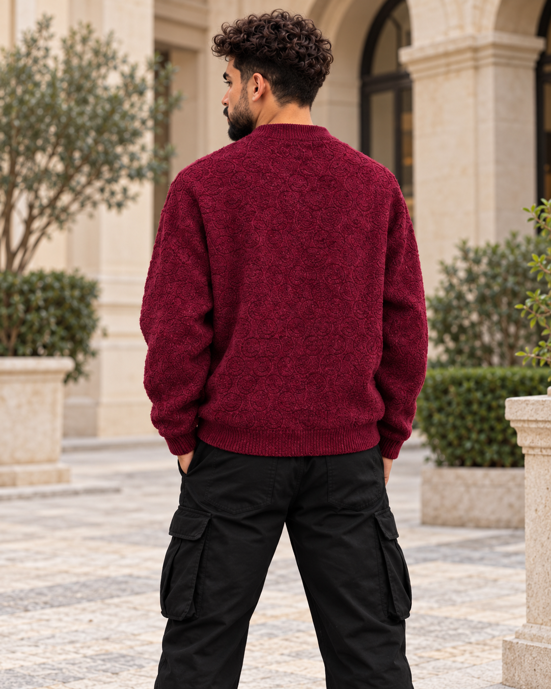 ILEERA® All-Over Smiley Textured Knit Crewneck Sweater