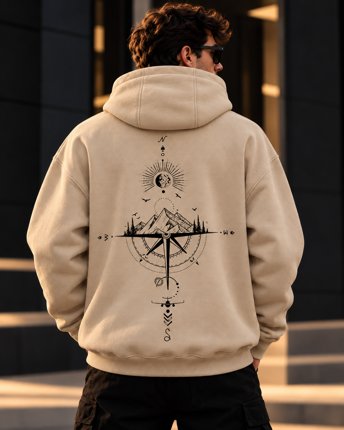 ILEERA® Premium Cotton Mountain Compass Front & Back Print Hoodie
