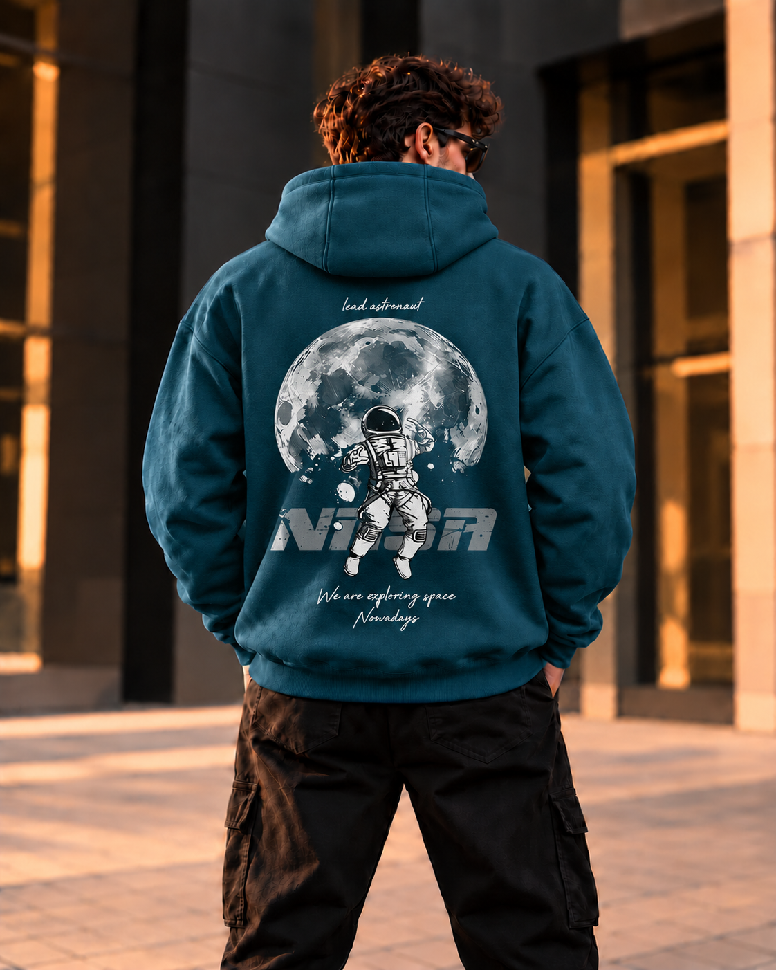 هودي قطن 100% بريميوم بطبعة Lunar Astronaut خلفية