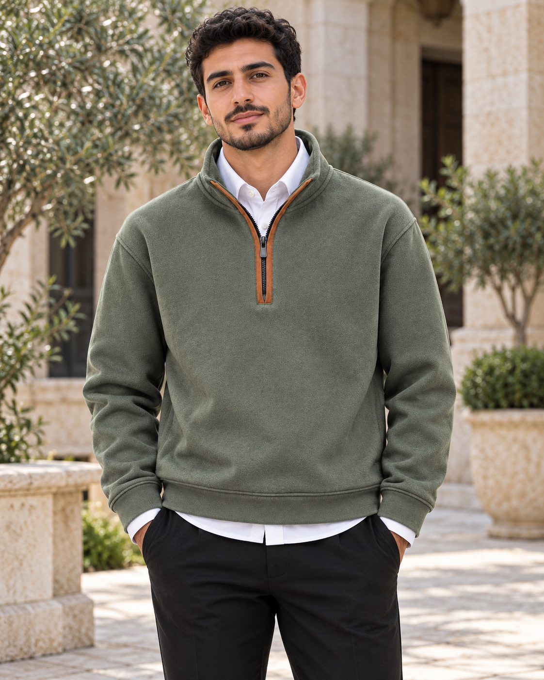 ILEERA® Classic Contrast-Trim Quarter-Zip Sweatshirt