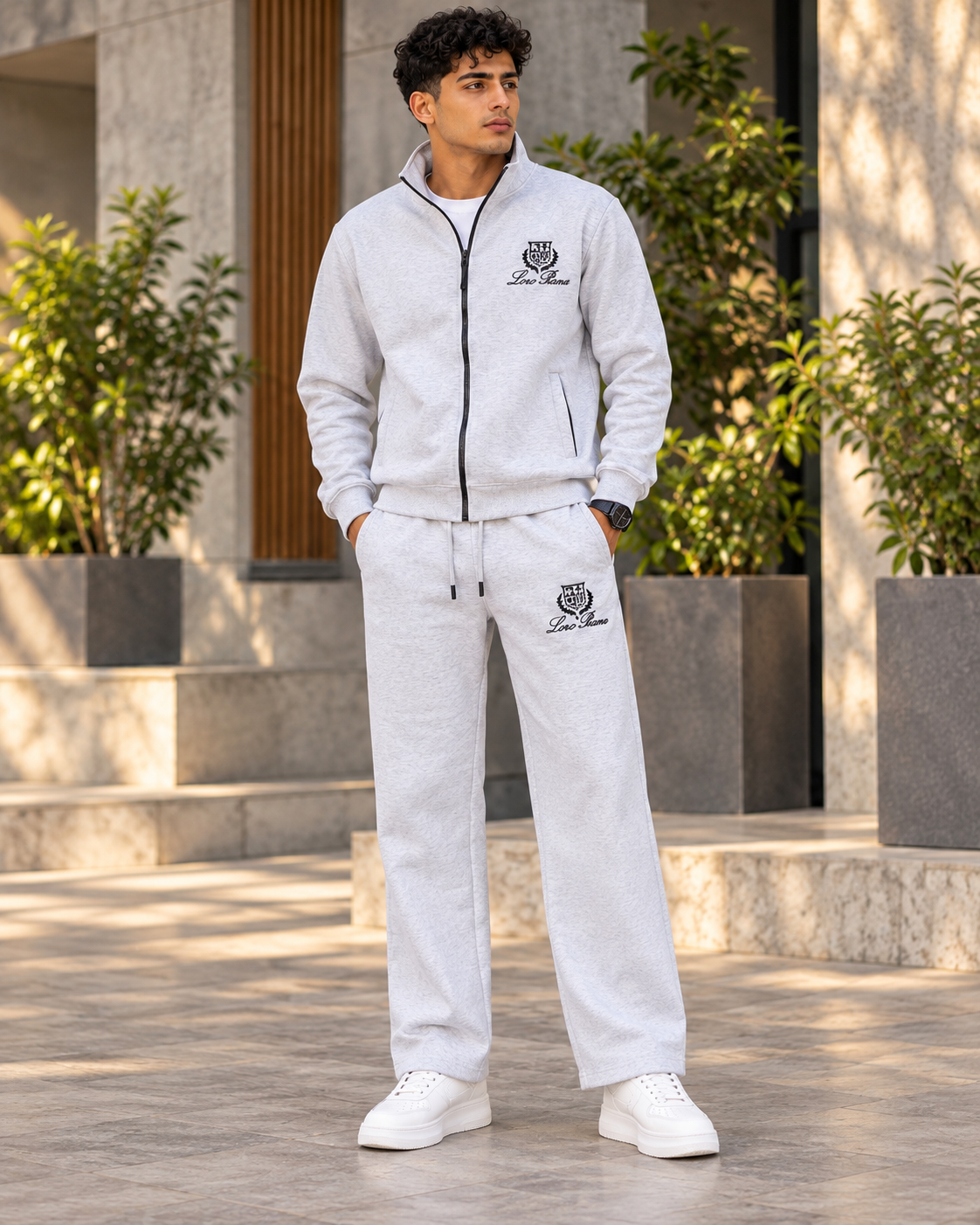 ILEERA® Crest Detail Zip-Up Jacket & Wide-Leg Pants Set