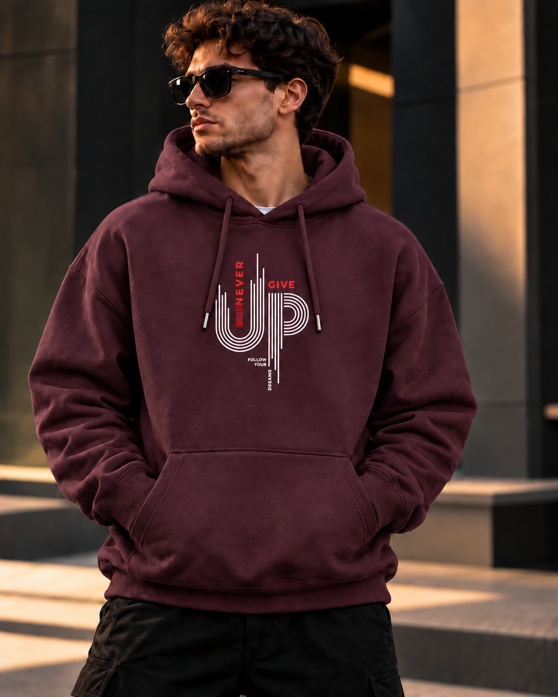 ILEERA® Premium Cotton Never Give Up Graphic Chest Print Hoodie