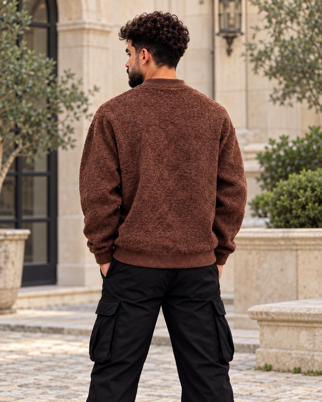 ILEERA® All-Over Smiley Textured Knit Crewneck Sweater