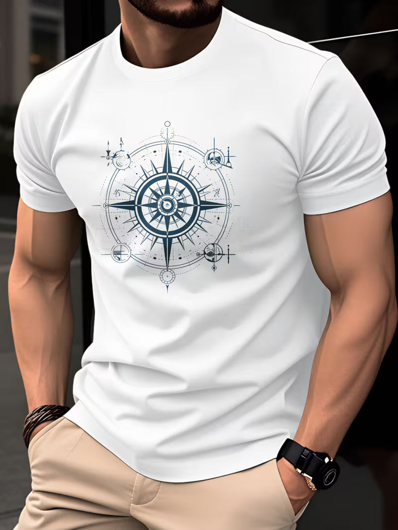 ILEERA® Premium Cotton Regular Fit Compass Front Print T-Shirt