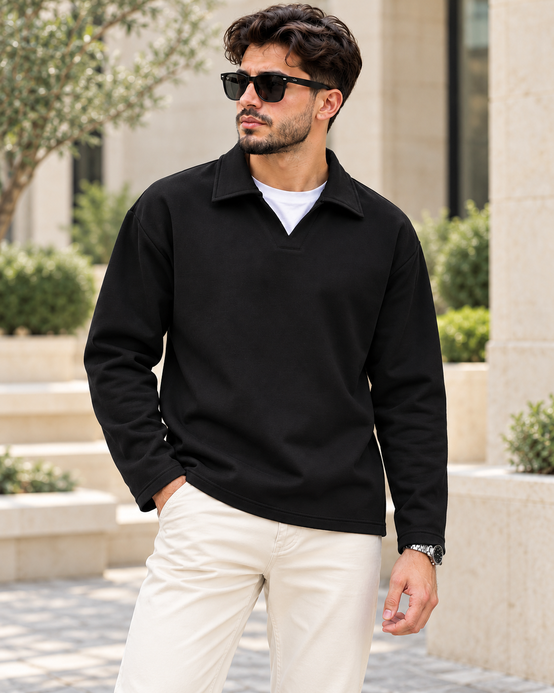 ILEERA® Essential Open-Collar Polo Sweatshirt