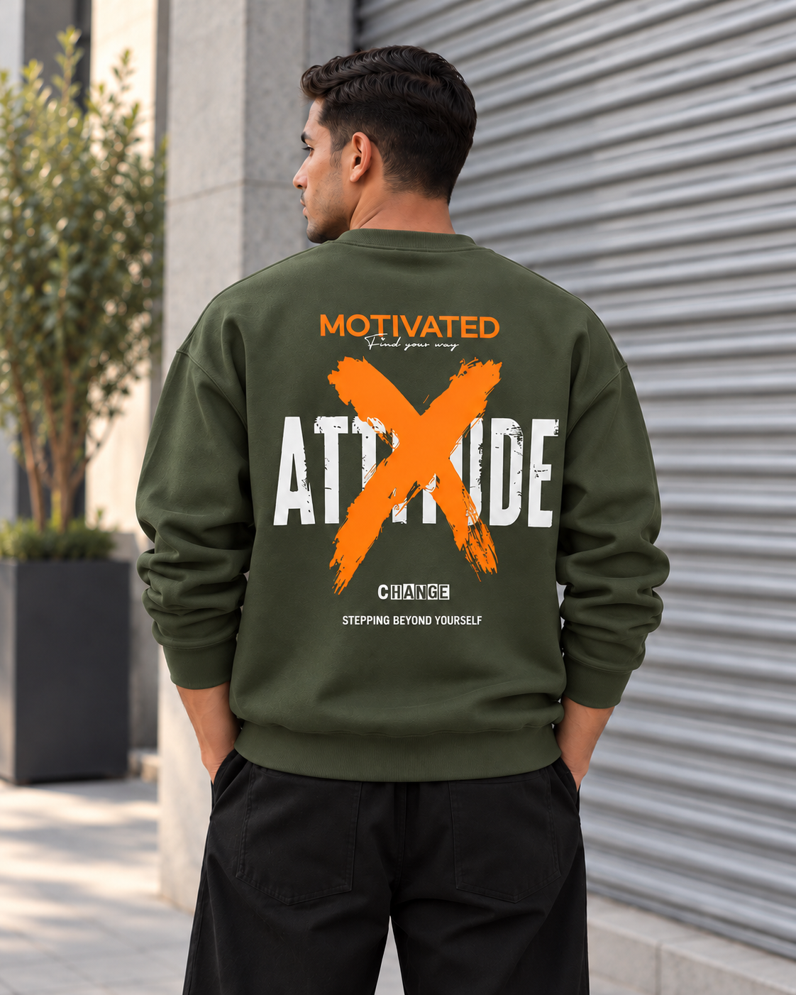 ILEERA® Premium Cotton Motivated Attitude Front & Back Print Crewneck Sweatshirt