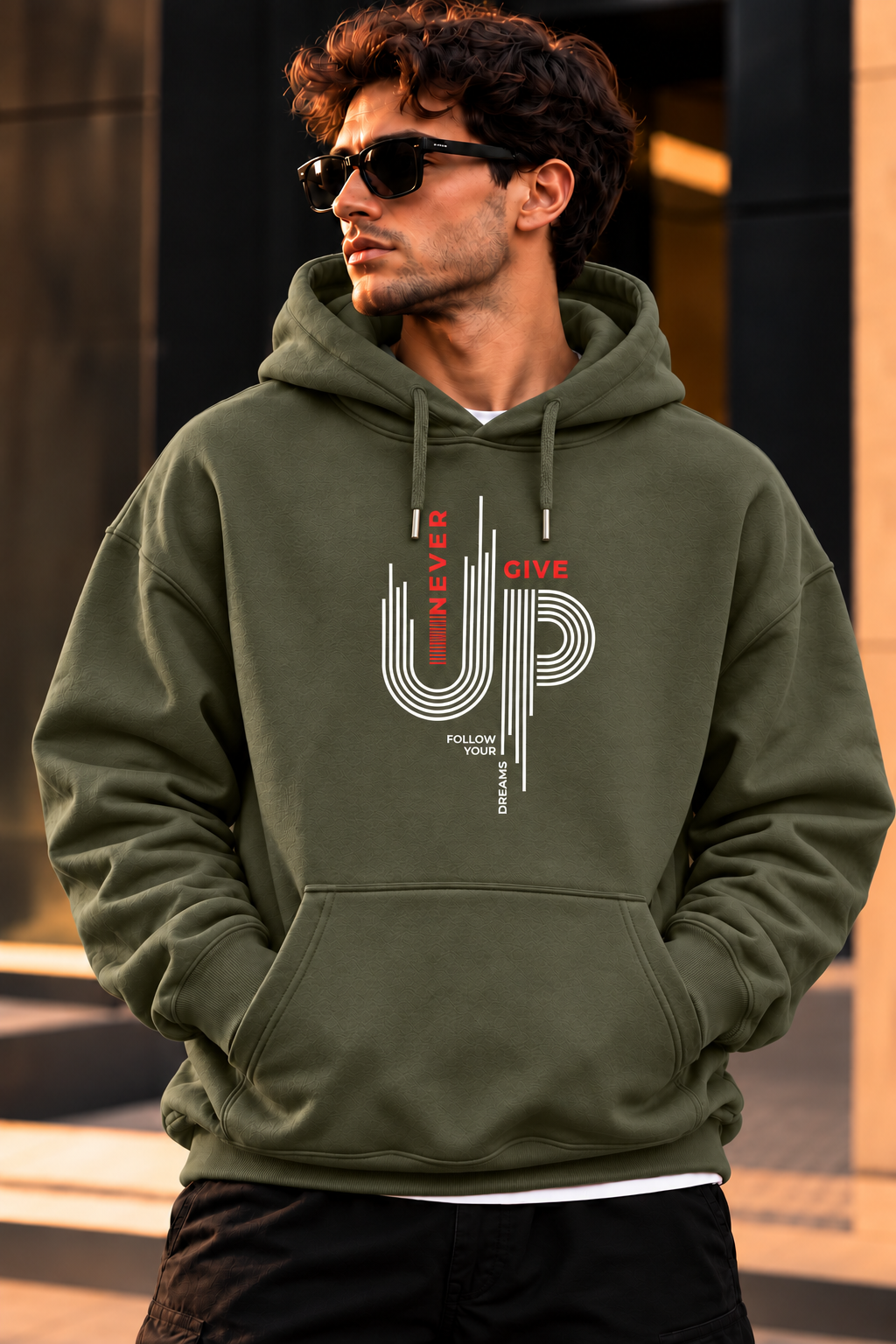 ILEERA® Premium Cotton Never Give Up Graphic Chest Print Hoodie
