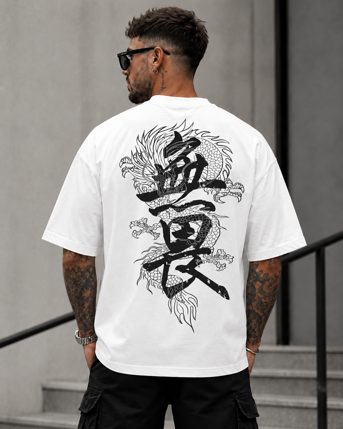 ILEERA® Premium Cotton Oversized Dragon Kanji Back Print T-Shirt