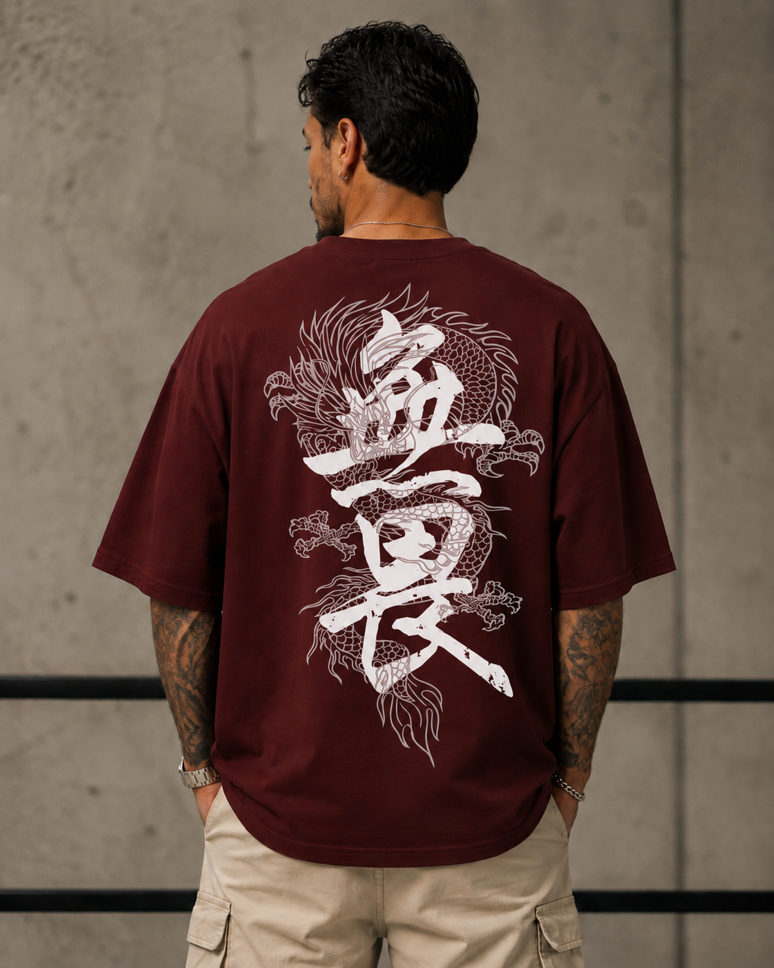 ILEERA® Premium Cotton Oversized Dragon Kanji Back Print T-Shirt