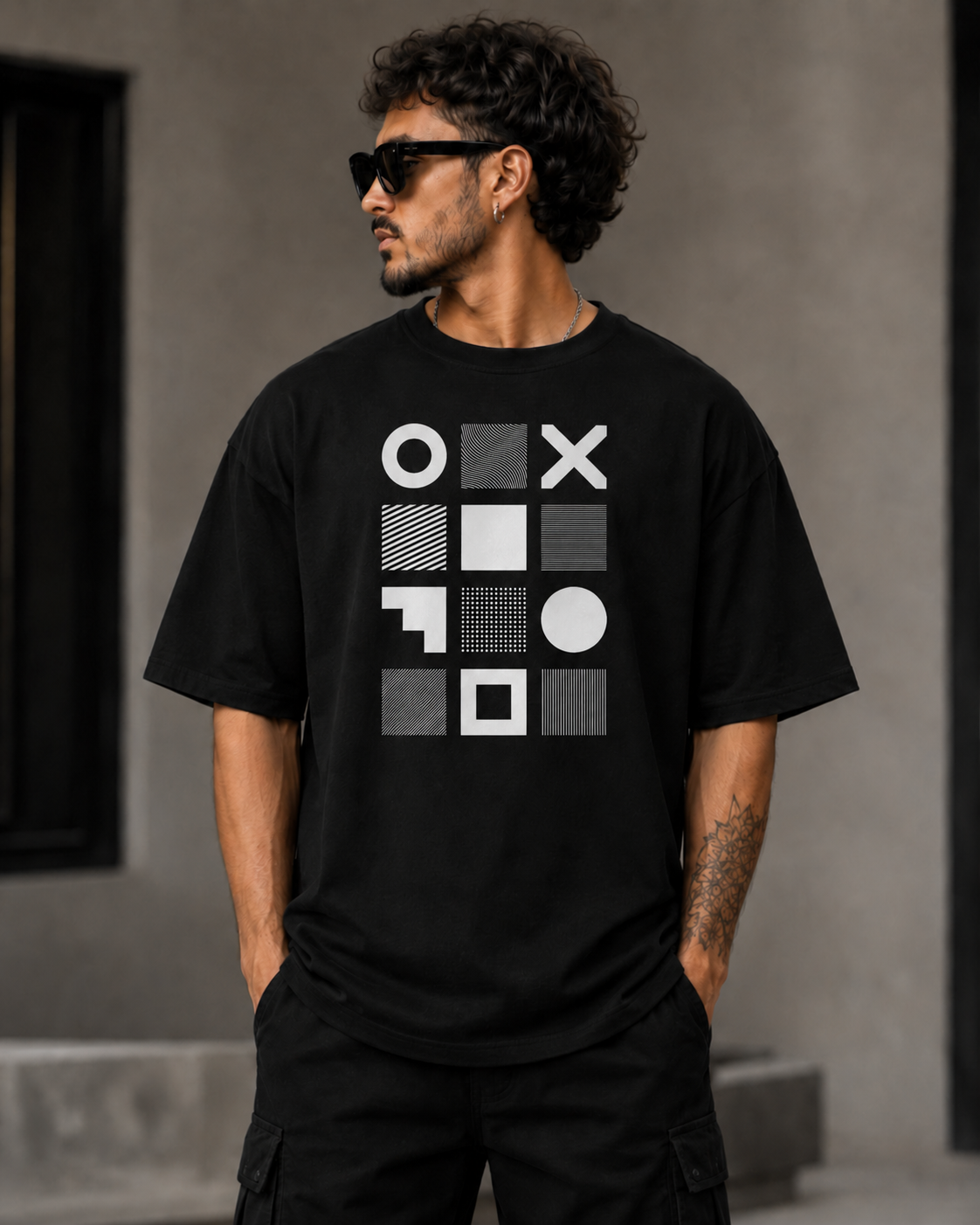 ILEERA® Premium Cotton Oversized Geometric Grid Front Print T-Shirt