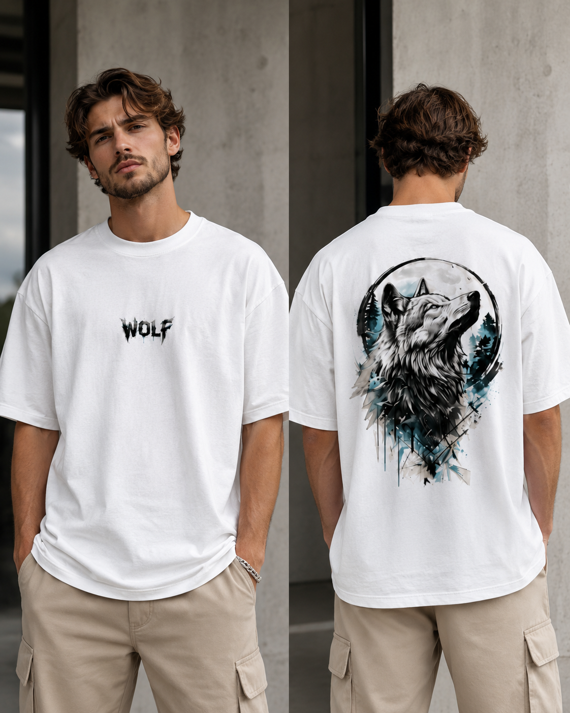 ILEERA® Premium Cotton Oversized Wolf Moon Back Print T-Shirt
