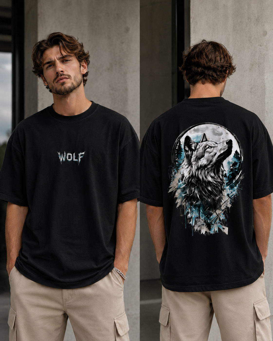 ILEERA® Premium Cotton Oversized Wolf Moon Back Print T-Shirt