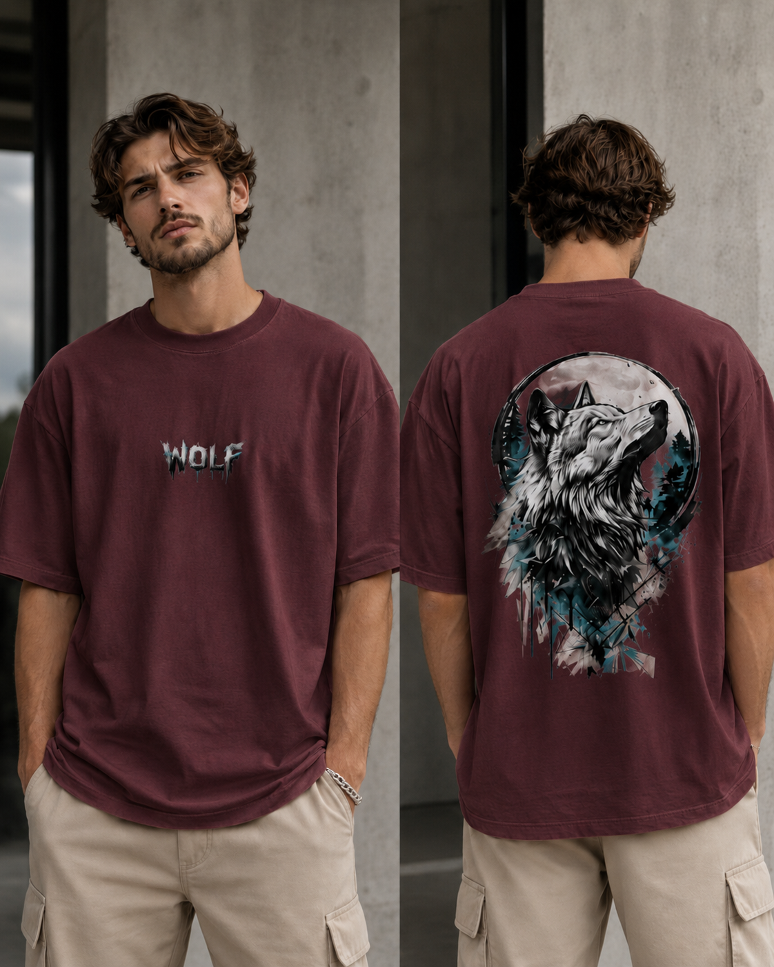 ILEERA® Premium Cotton Oversized Wolf Moon Back Print T-Shirt