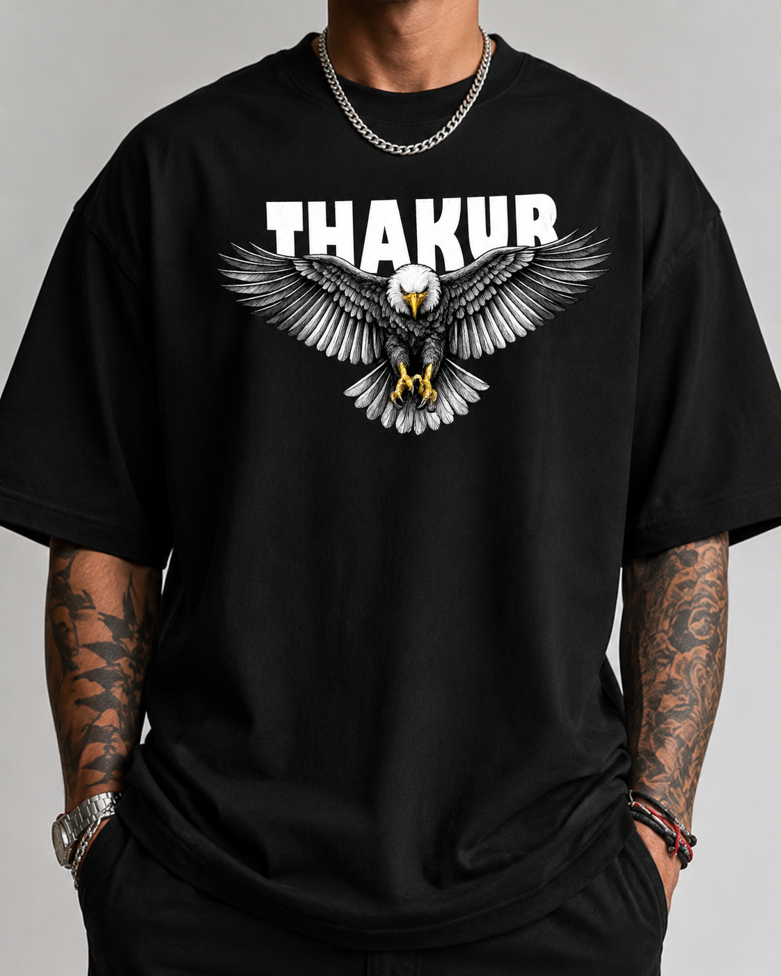 ILEERA®  Oversized Thakur Eagle Front & Back Print T-Shirt