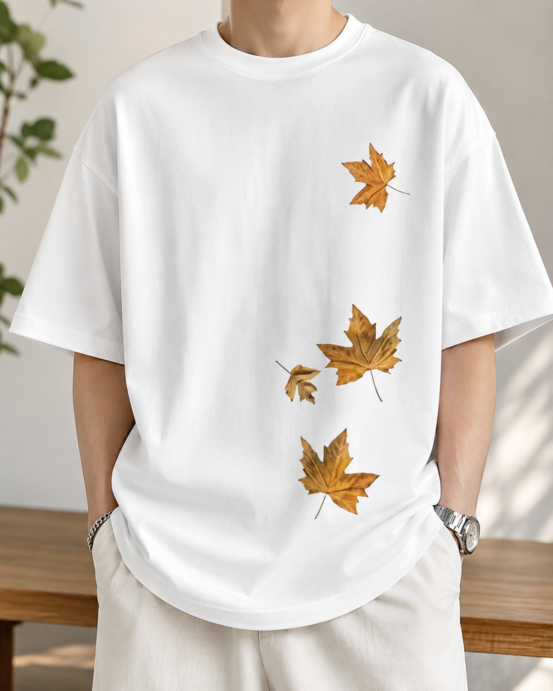 ILEERA® Oversized Autumn Leaves Front Print T-Shirt