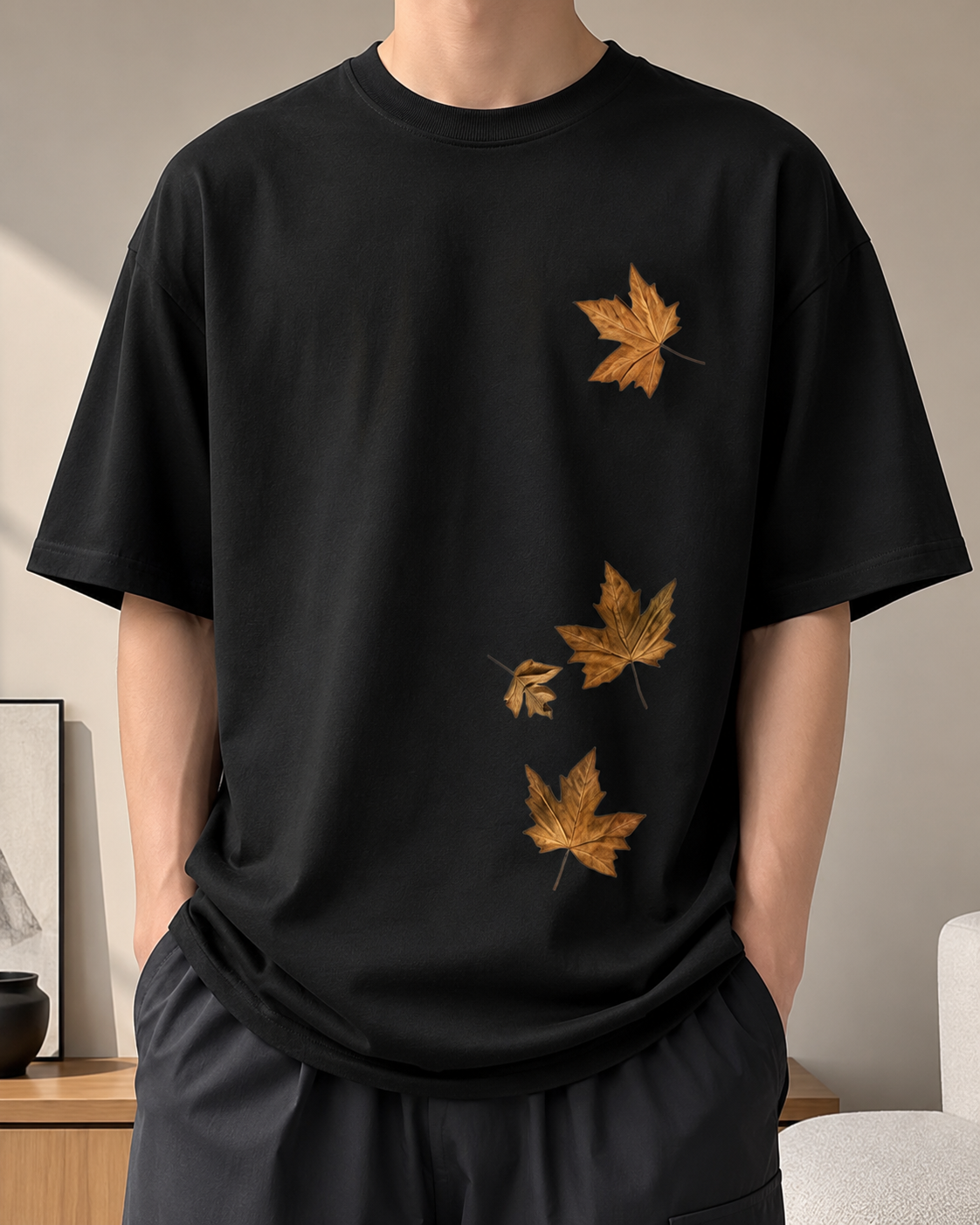 ILEERA® Oversized Autumn Leaves Front Print T-Shirt