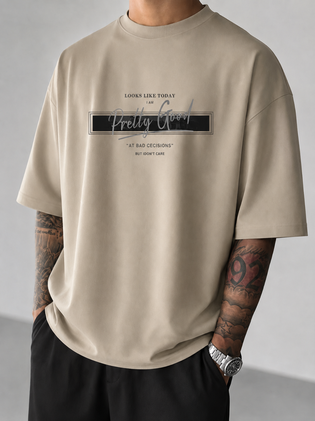 ILEERA® Oversized Pretty Good At Bad Decisions Front Print T-Shirt