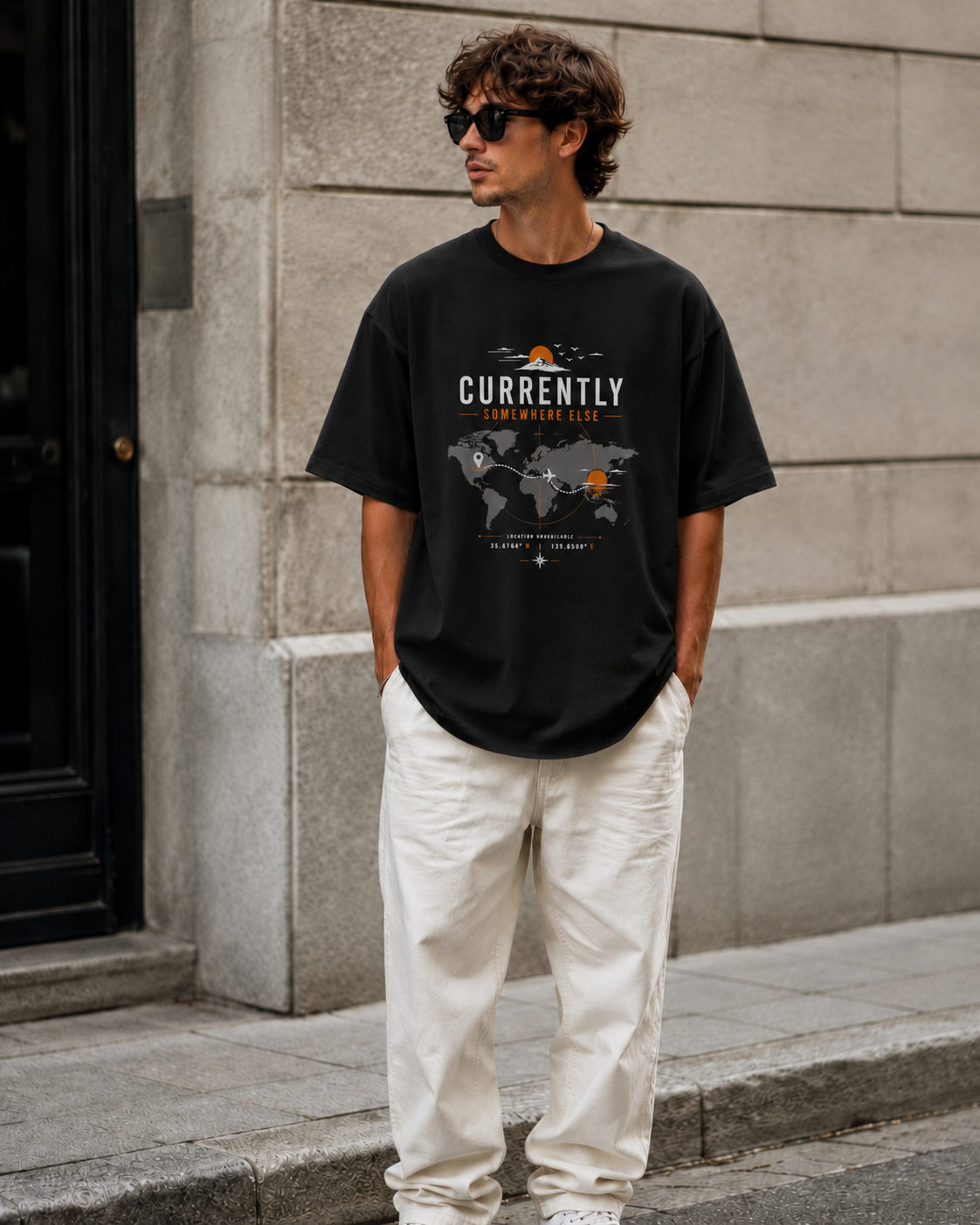 ILEERA® Premium Cotton Oversized Currently Somewhere Else Front Print T-Shirt