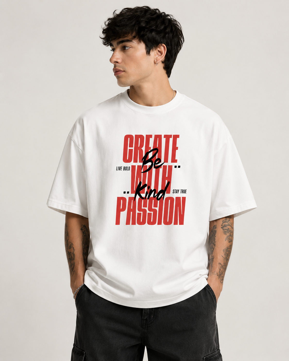 ILEERA® Premium Cotton Oversized Create With Passion Front Print T-Shirt